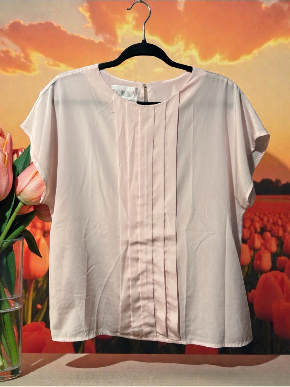 Woodward’s Vintage Light Pink Pintuck-Pleated Front Short-Sleeve Blouse
